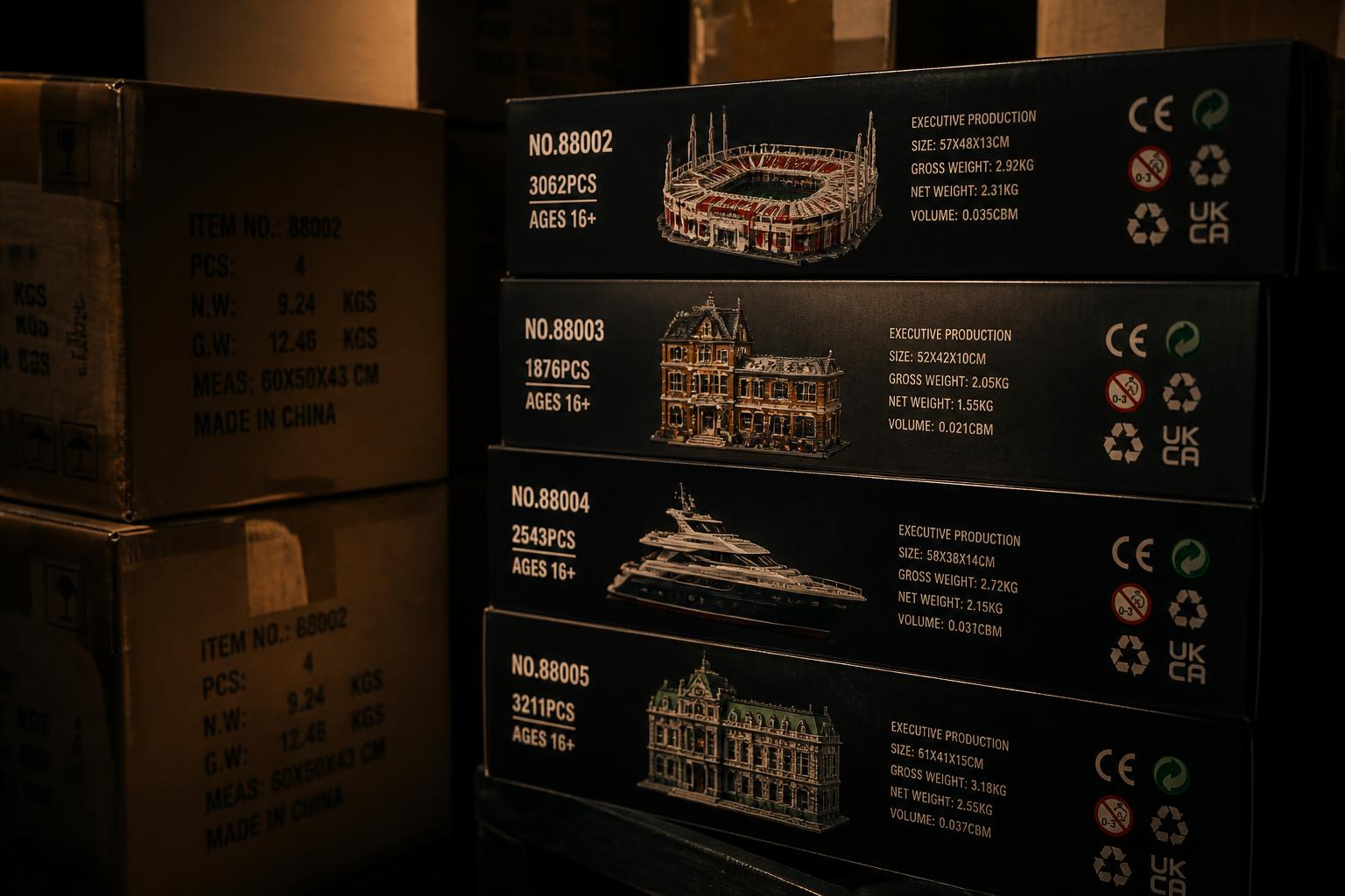Stacked LEGO-compatible set boxes showing piece counts and safety certification labels for comparison