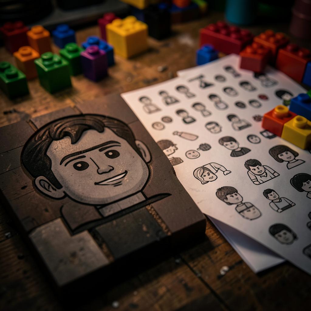 Printed minifigure face brick and sticker sheet beside colorful toy bricks on a workbench — comparing print and sticker treatment quality