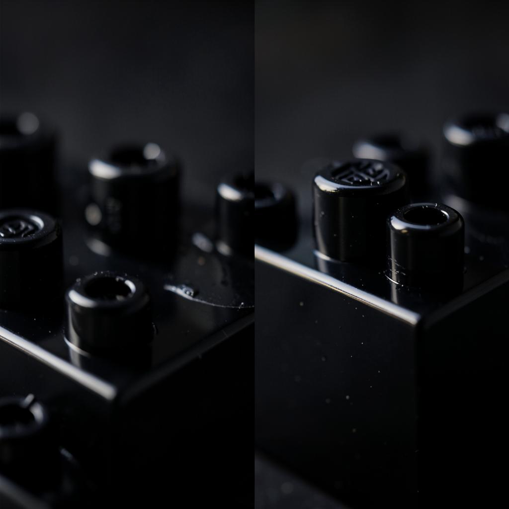 Macro comparison of glossy versus matte surface finish on black toy building bricks under dramatic side lighting — toy bricks treatment review