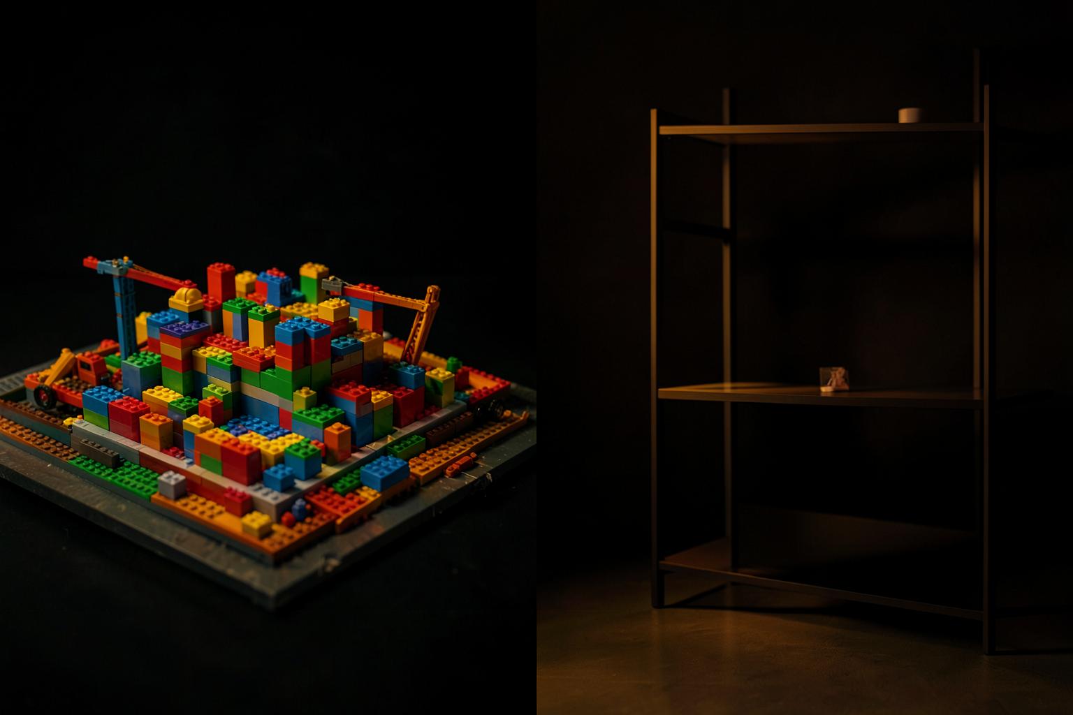Split scene comparing a colorful toy brick build with a minimal storage shelf unit in warm low light