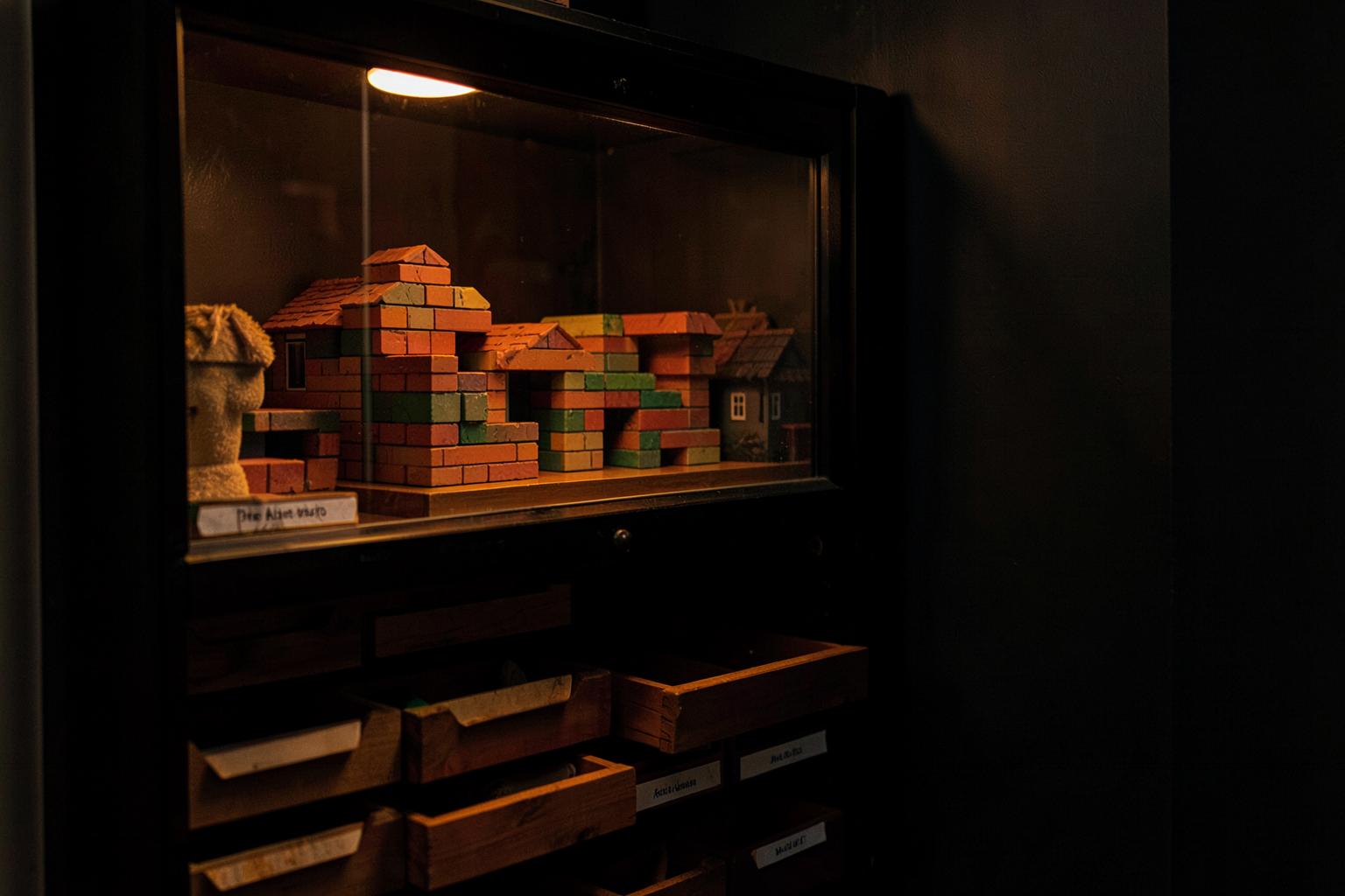 Home building corner with finished brick models in a glass-front display cabinet above labeled sorting drawers