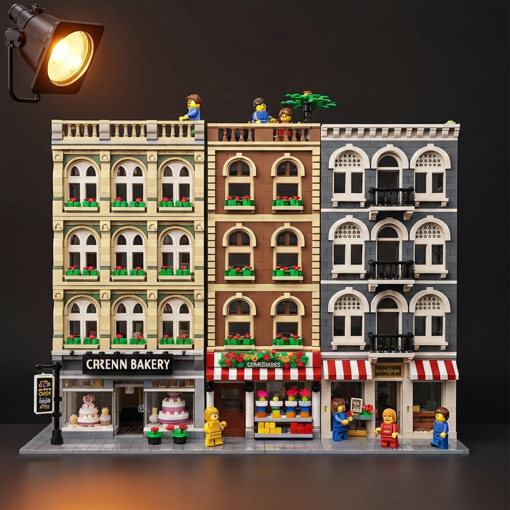 Assembly Square 10255 Creator Expert Modular three-building modular streetscape with bakery flower shop and apartment displayed on dark surface