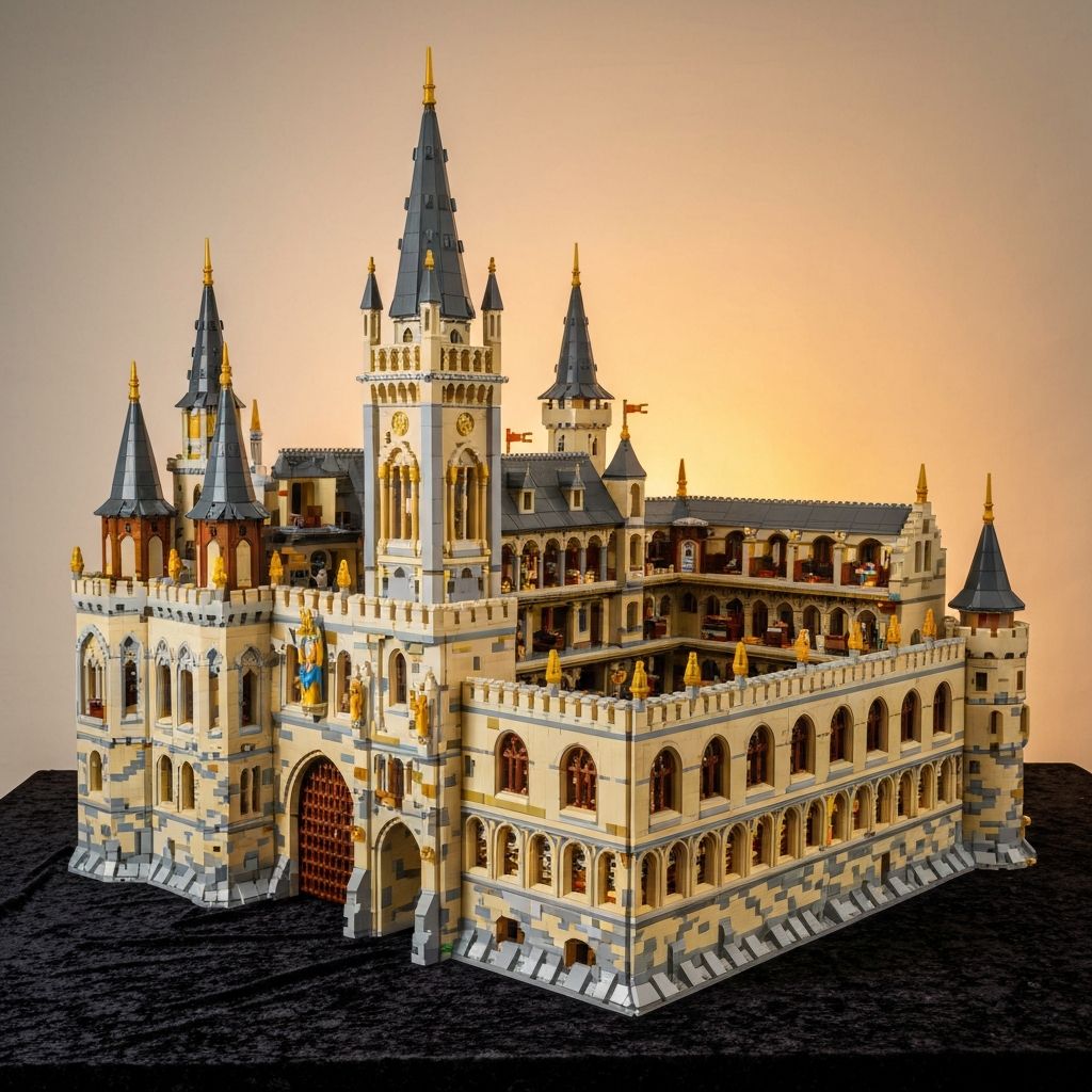 Baka Magic Castle building block set fully assembled — thousands of ABS bricks forming towers, main gate, and interior rooms
