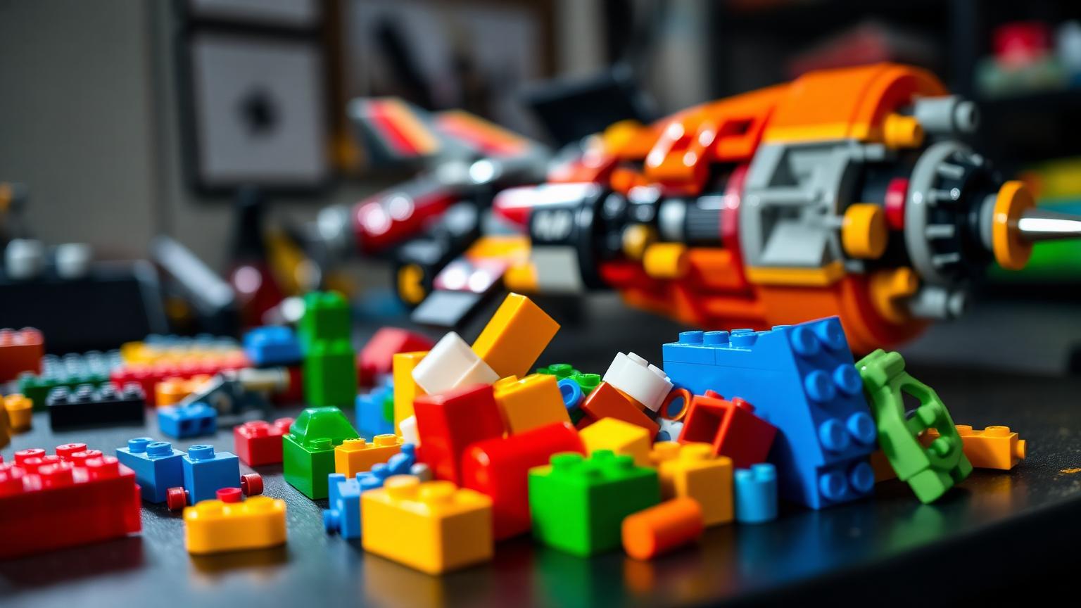 Colourful LEGO compatible bricks from BanBao and Sitodier snapping together on a workbench beside a space-themed starfighter build