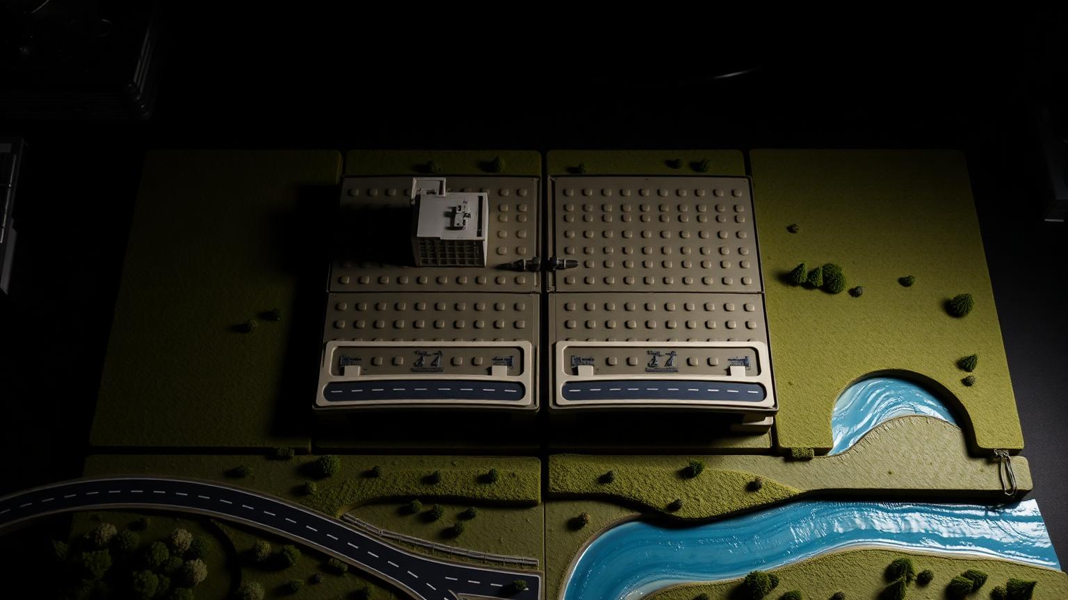 Overhead view of four compatible base plates bridged with long plates, a road and a river running over the joints to hide the seams