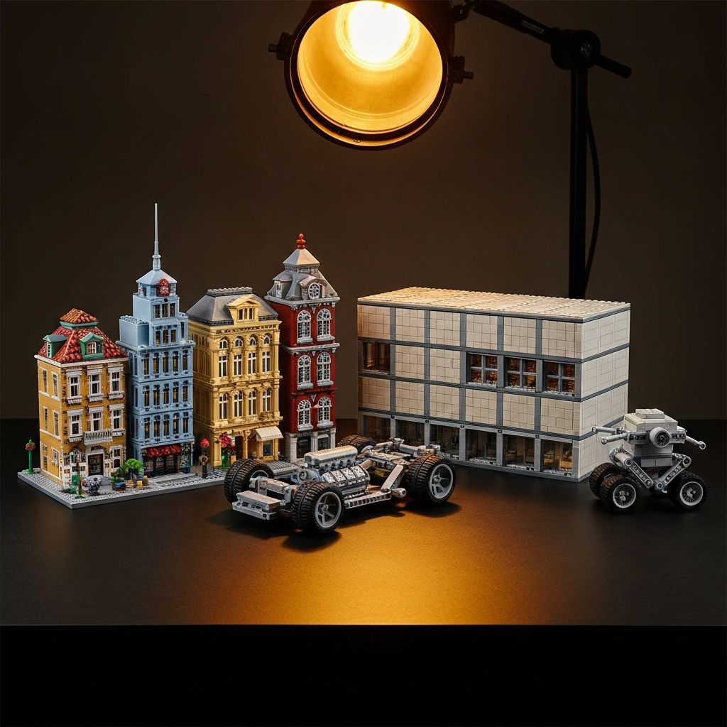 Four completed adult building block models side by side: micro-scale city skyline, Technic supercar, modular architecture building, and self-balancing robot kit — showcasing the full spectrum of the best building block sets for adults