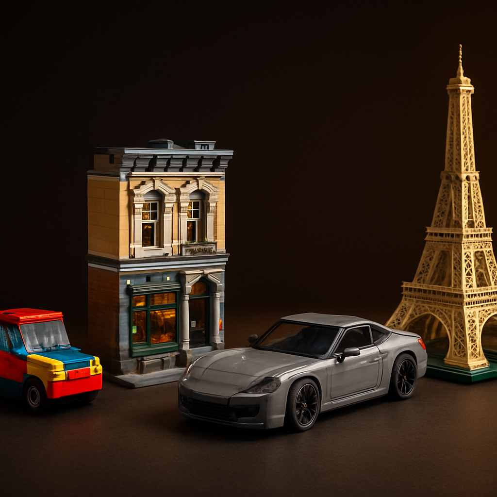 Four LEGO alternative models representing kids, teens, adults, and collectors — from a simple vehicle to a precision sports car and architectural landmark