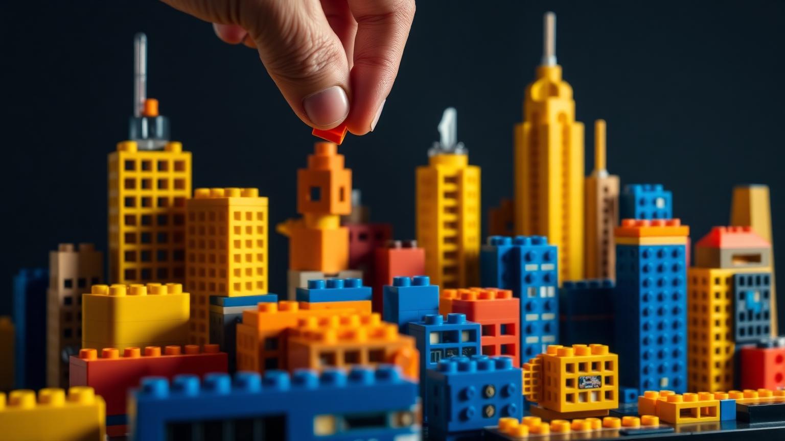 Builder placing a premium ABS Lego compatible brick onto a colorful city skyline made of the best Lego compatible bricks