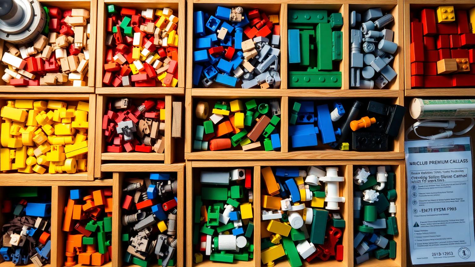 Overhead flat-lay of sorted premium Lego compatible bricks alongside EN71 and ASTM F963 safety certification labels