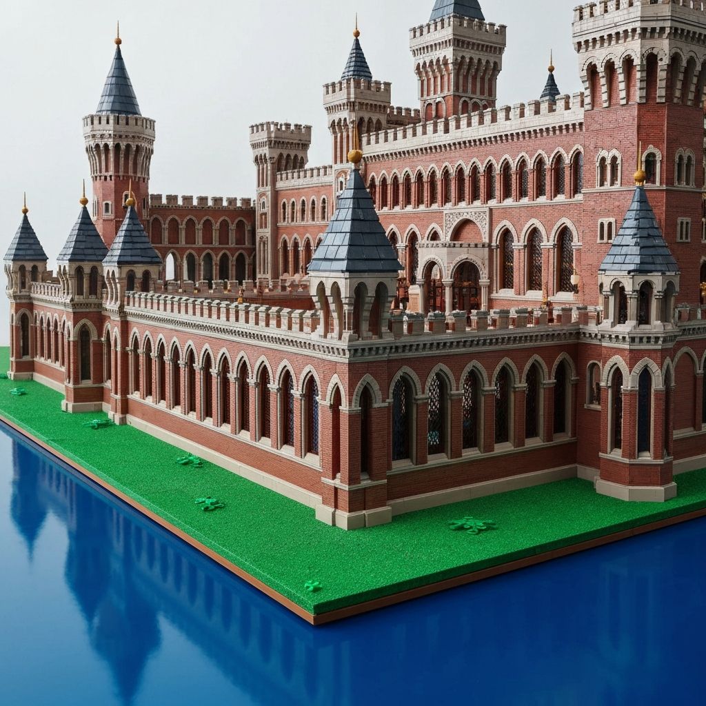 Large scale Blaustein Castle expansion building block model with multiple towers, battlements, and a blue tile moat displayed on a dark studio surface