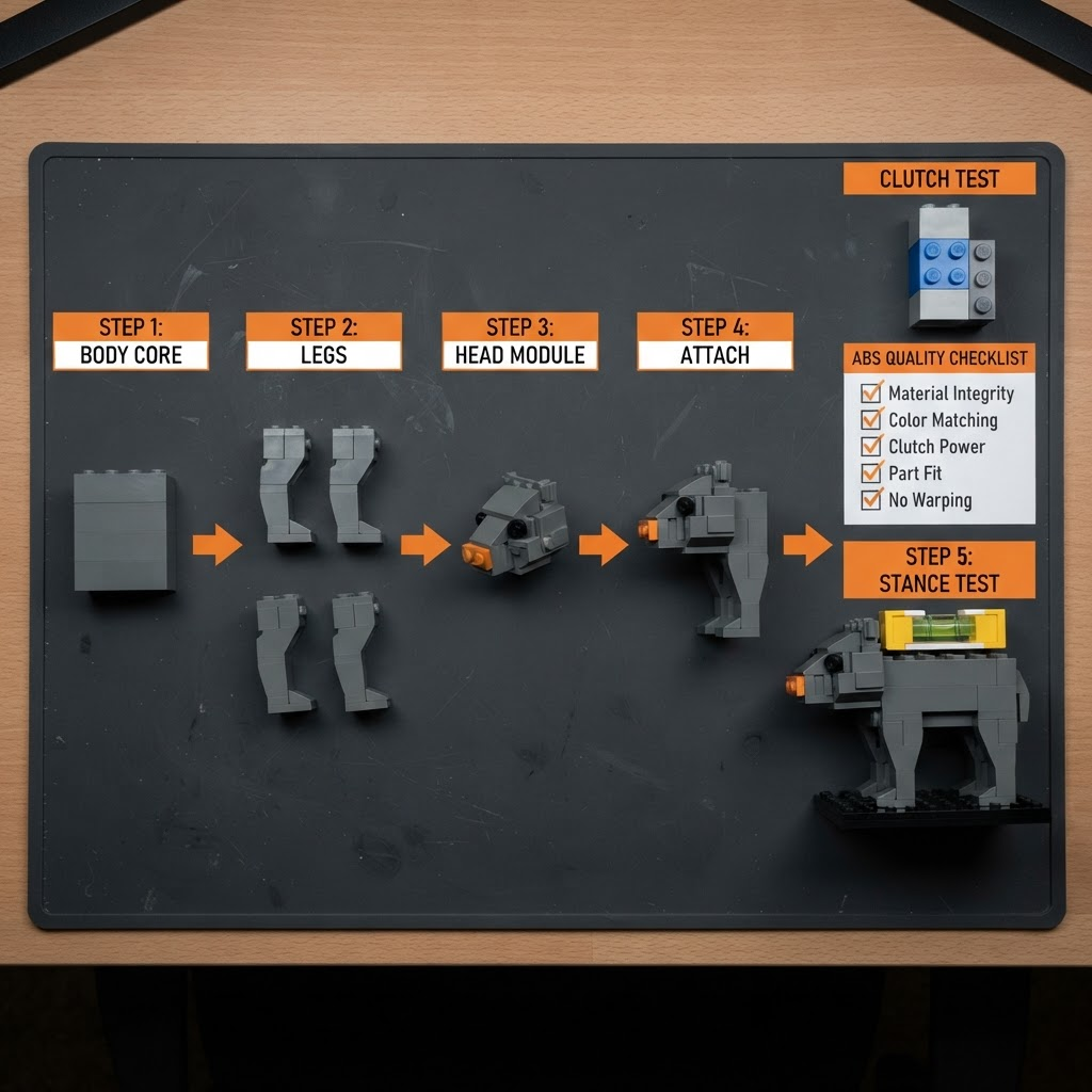 Five-step animal build workspace showing body core, matched leg pairs, head module, assembly, and stance test with a clutch column and ABS quality checklist
