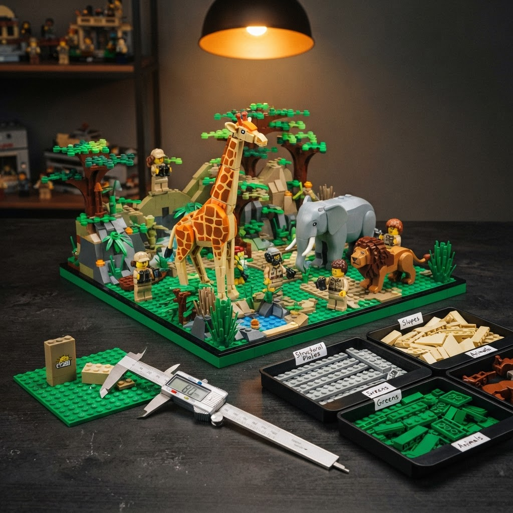 Mixed-brand safari animal diorama on a green baseplate alongside sorted parts trays and a digital caliper confirming 8mm stud spacing