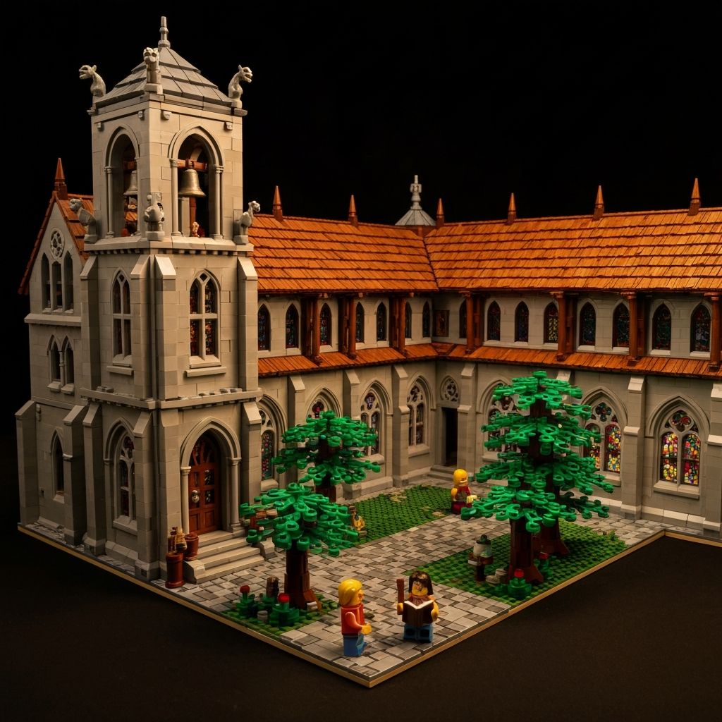 Premium alternative building block Blaubrunn Monastery set assembled from thousands of ABS bricks with medieval stone architecture on a dark studio surface
