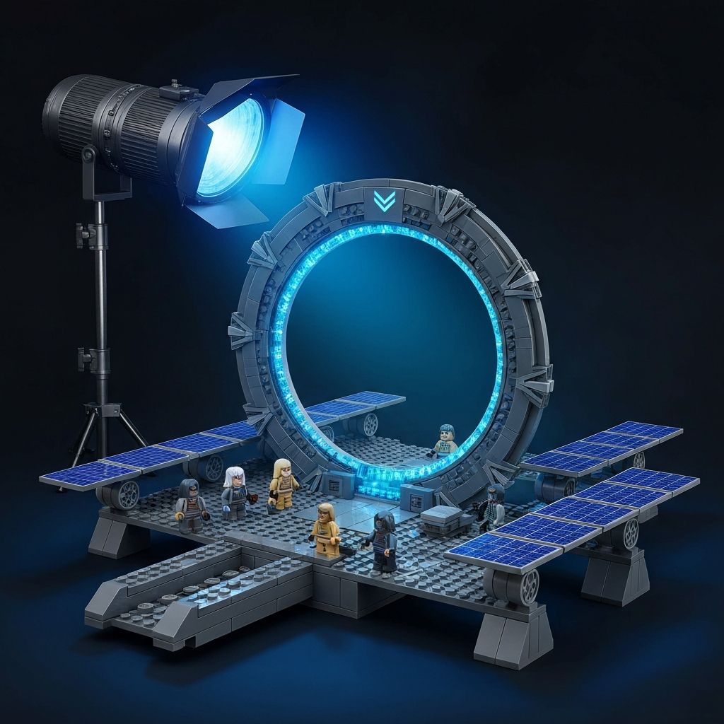 Premium sci-fi alternative building block stargate portal model assembled from dark grey ABS bricks with glowing blue ring on a dark studio surface