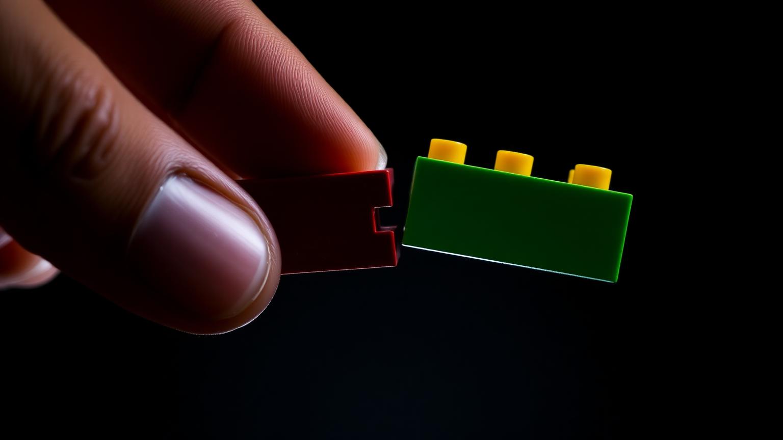 Fingers pressing a red brick onto a green brick to test clutch power between two different building block brands