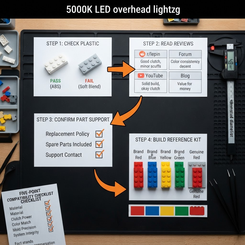 Four-step brand evaluation workspace showing ABS plastic comparison, community review screenshots, part support checklist, and reference kit with color swatch strip
