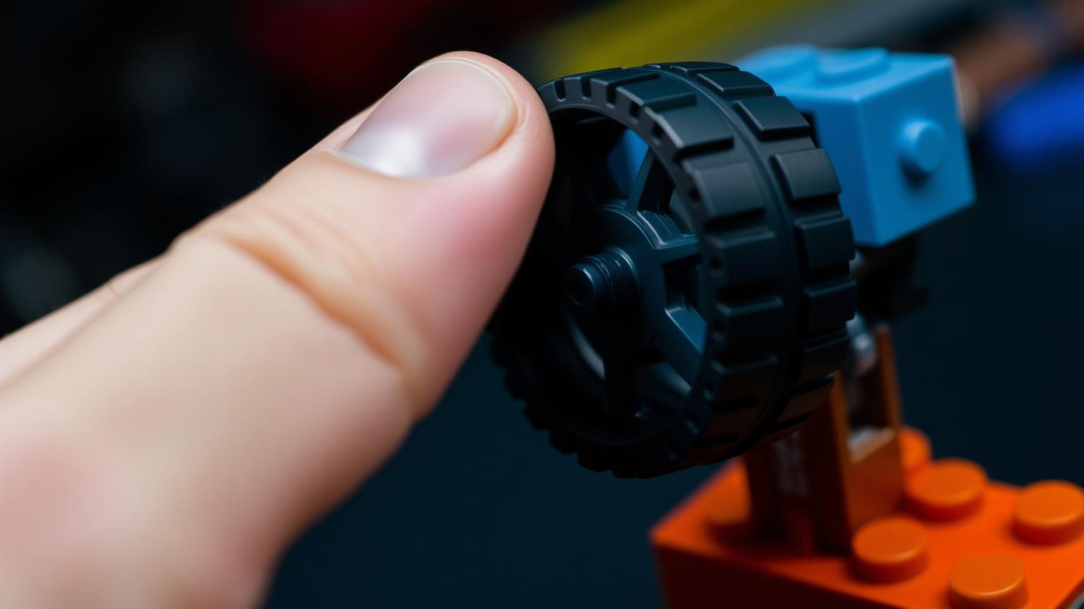 Finger spinning a black plastic brick toy wheel mounted on an axle attached to a coloured brick chassis