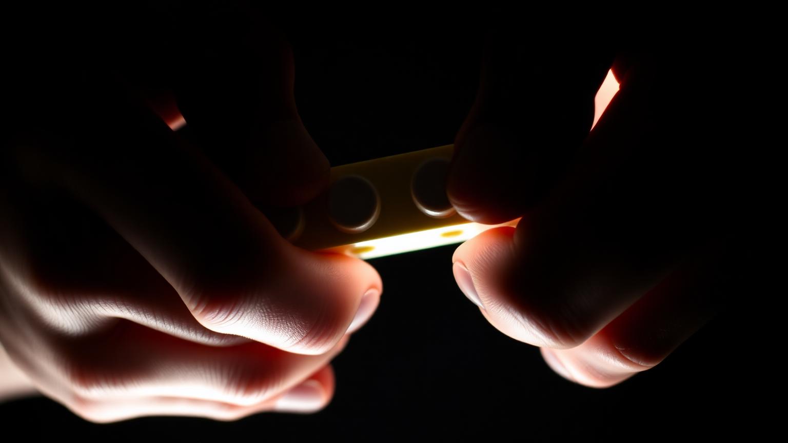 Close-up of two hands pressing plastic building bricks together to test clutch power, studs and tubes lit by dramatic side lighting