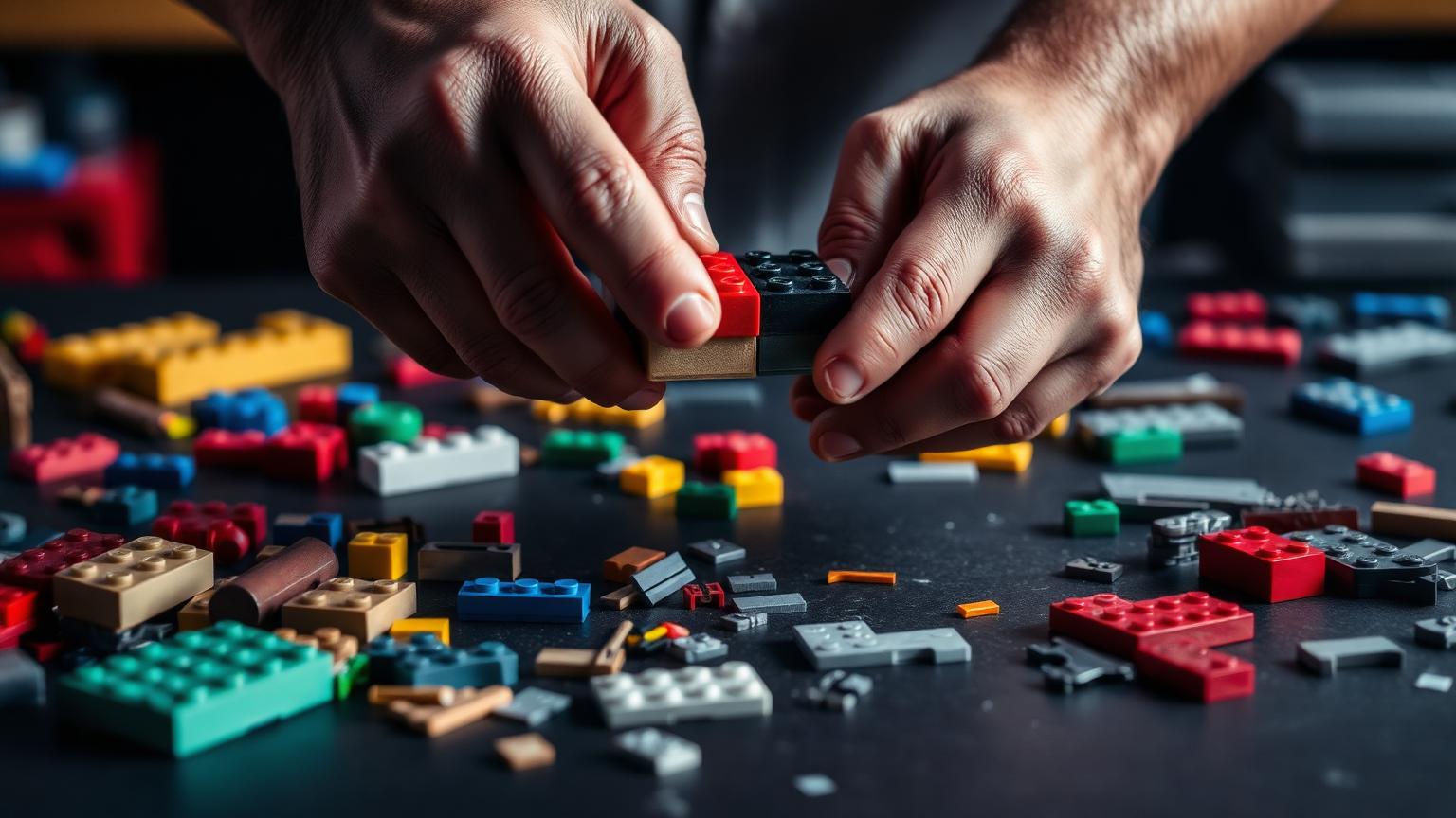 Hands pressing two building bricks from different brands together to test clutch fit, with mixed colourful bricks and plates on a dark workbench
