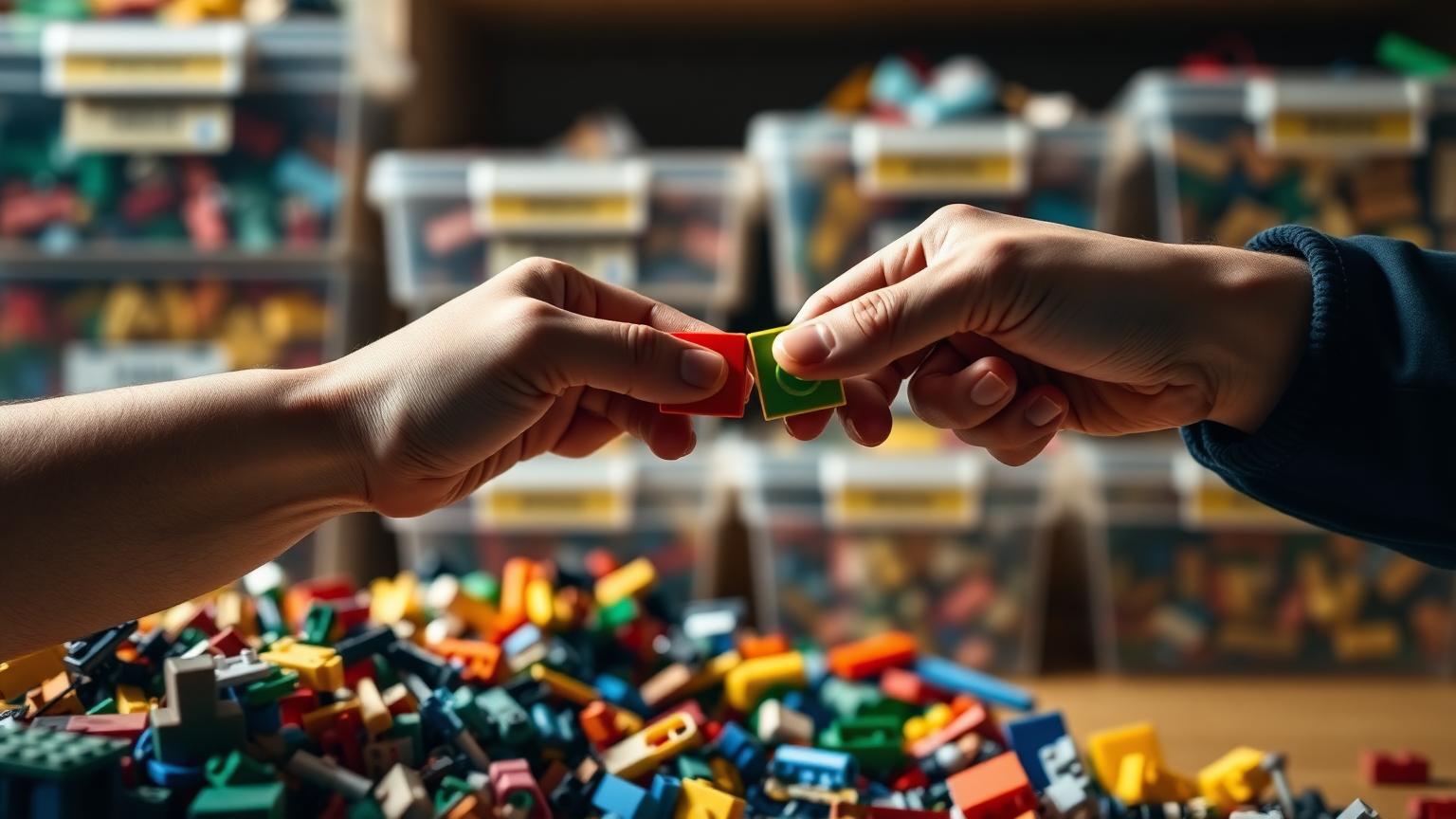 Two hands pressing a red and a green plastic building brick together to test clutch power in front of sorted storage bins