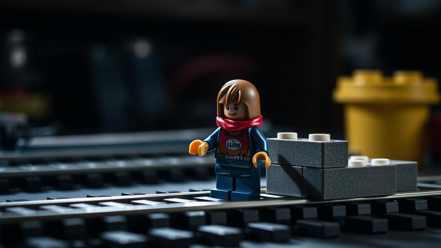 Minifigure standing beside grey bricks on a plastic train track section while testing whether alternative brand parts are LEGO compatible