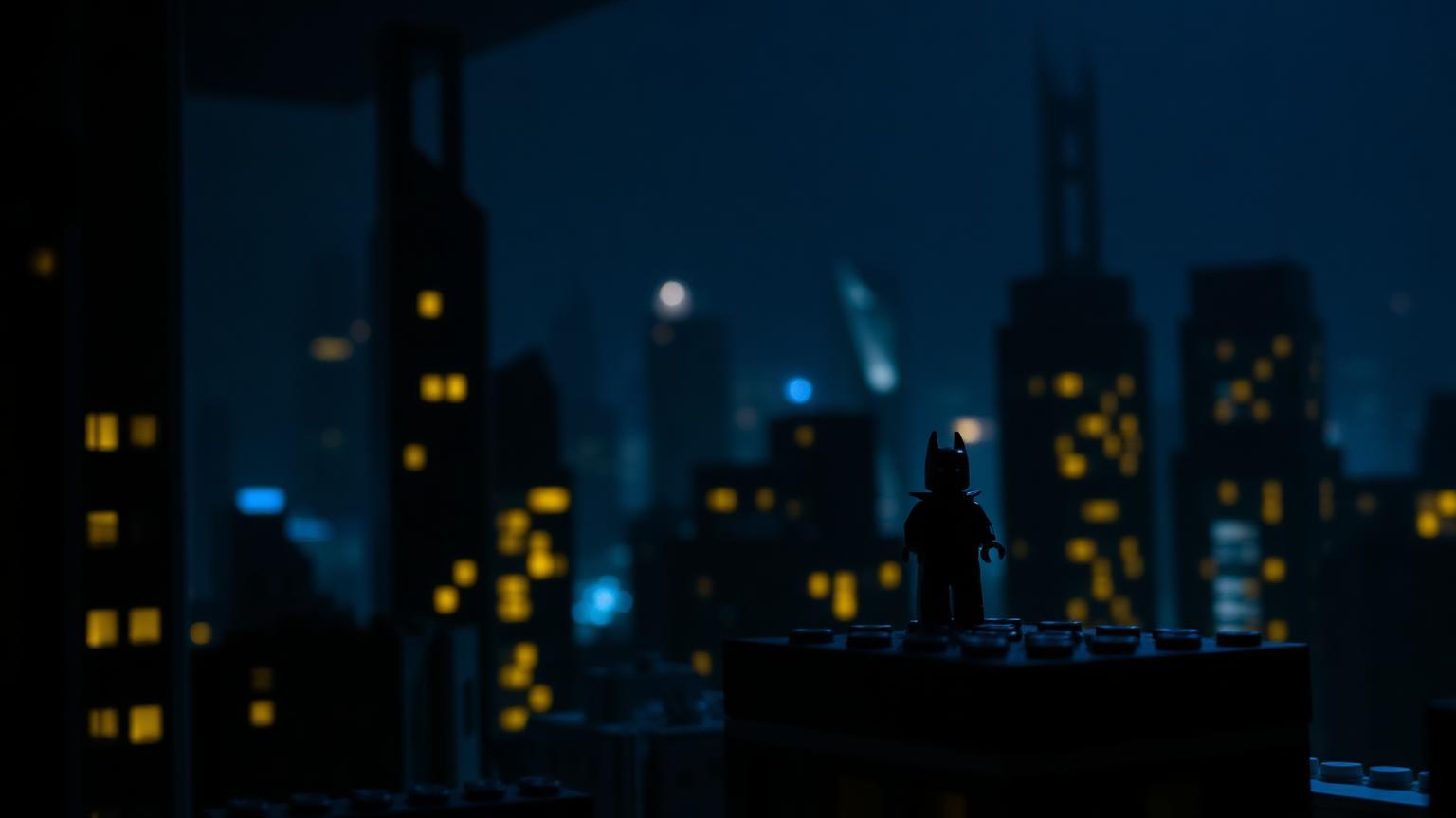 Moody night city skyline diorama built from mixed-brand building bricks with lit windows and a caped minifigure standing on a rooftop