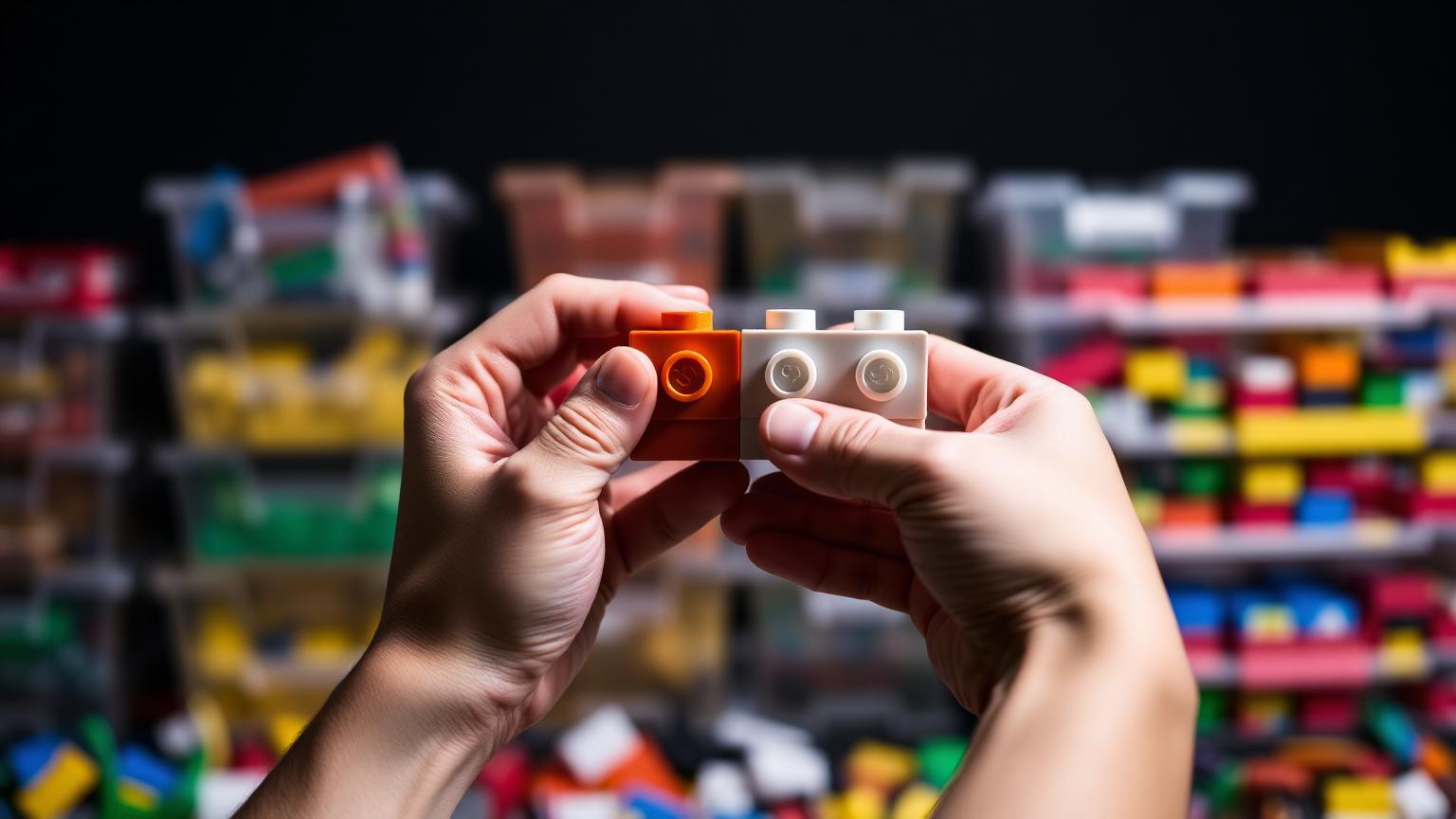 Hands press-testing a LEGO compatible brick onto a standard brick to check clutch power, with sorted brick bins blurred behind