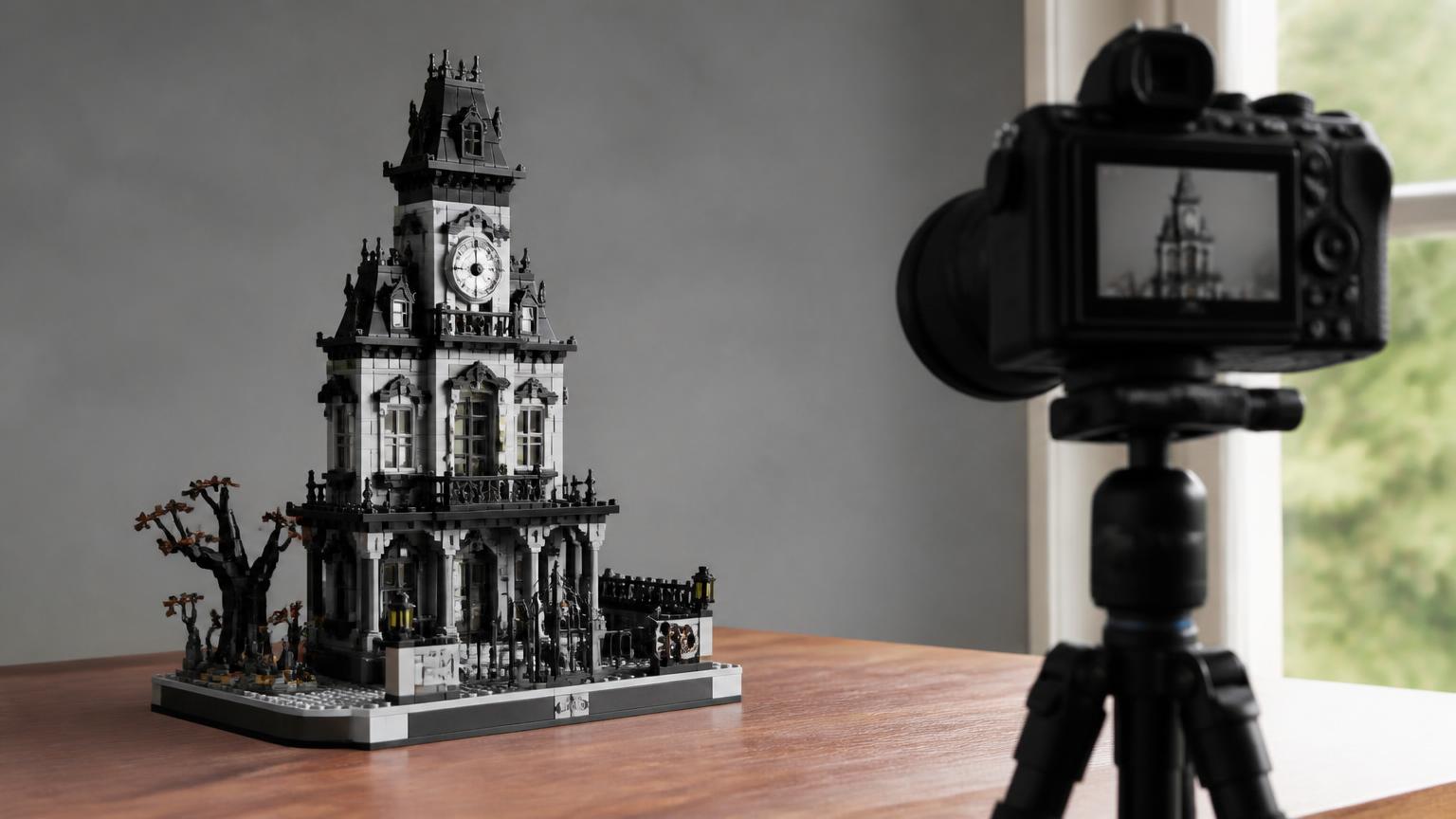 Finished black and white brick mansion model photographed on a plain backdrop in natural window light with a camera on a tripod for a review shot