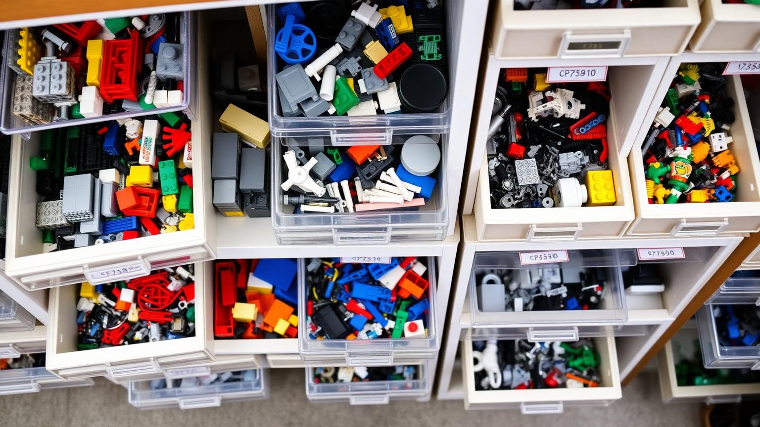 Overhead view of labelled small-drawer cabinets and divided boxes holding building bricks sorted by part type and size