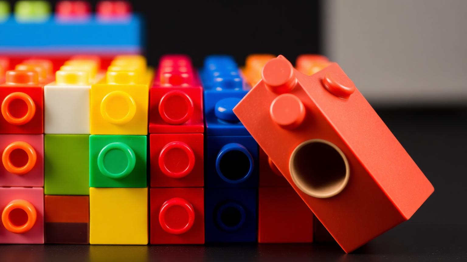Close-up of colourful plastic building bricks from different brands showing matching studs on top and a flipped brick revealing its hollow gripping tube