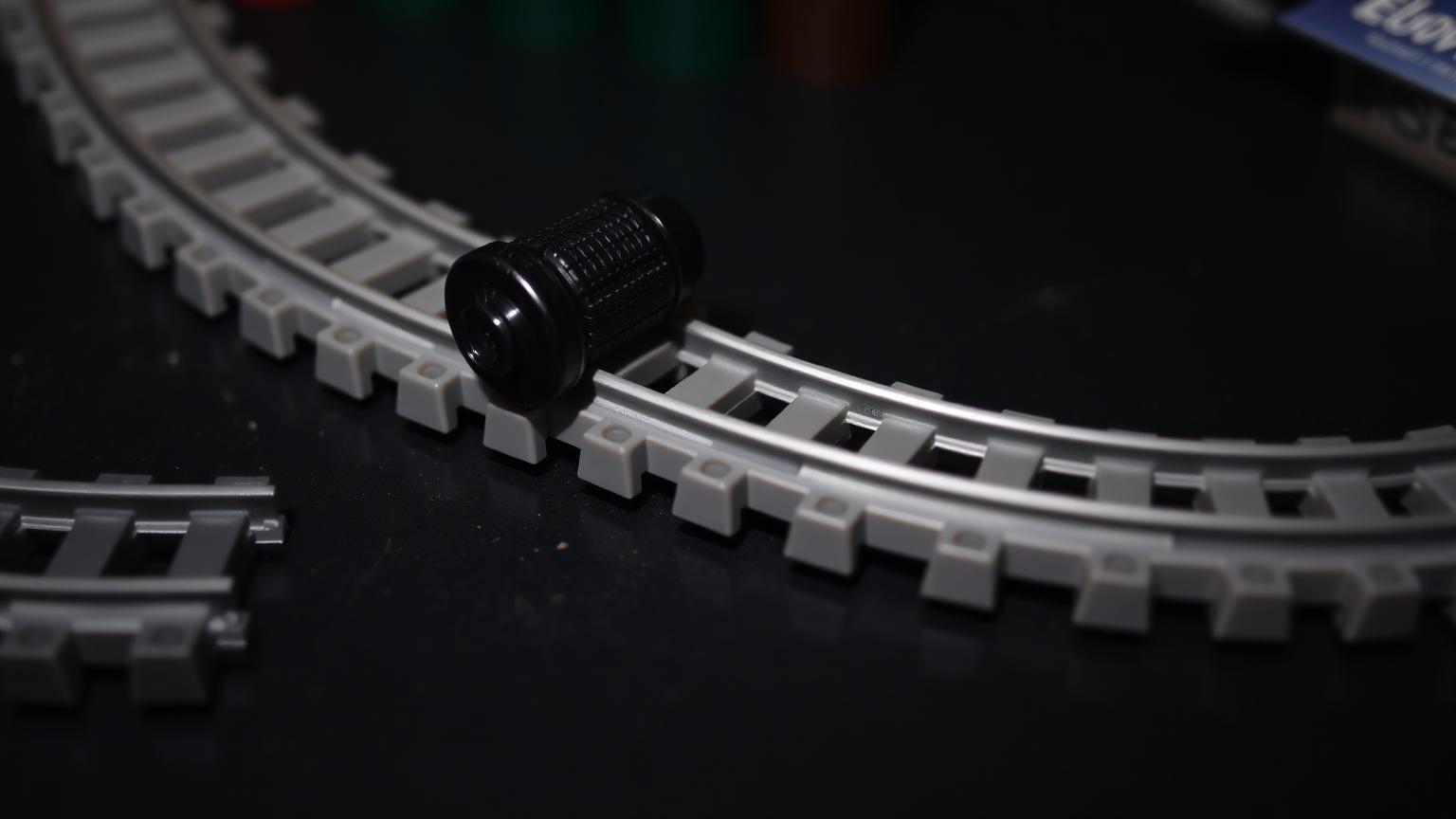 Close-up of LEGO compatible train track pieces clicking together with a wheel set rolling across the join on a curved section