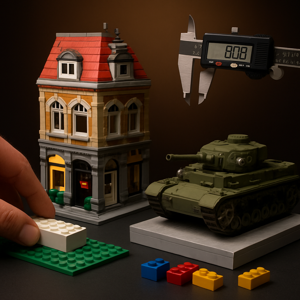 Mixed-brand LEGO-compatible bricks: hybrid city build, clutch snap test, and COBI Panzer tank alongside standard ABS bricks
