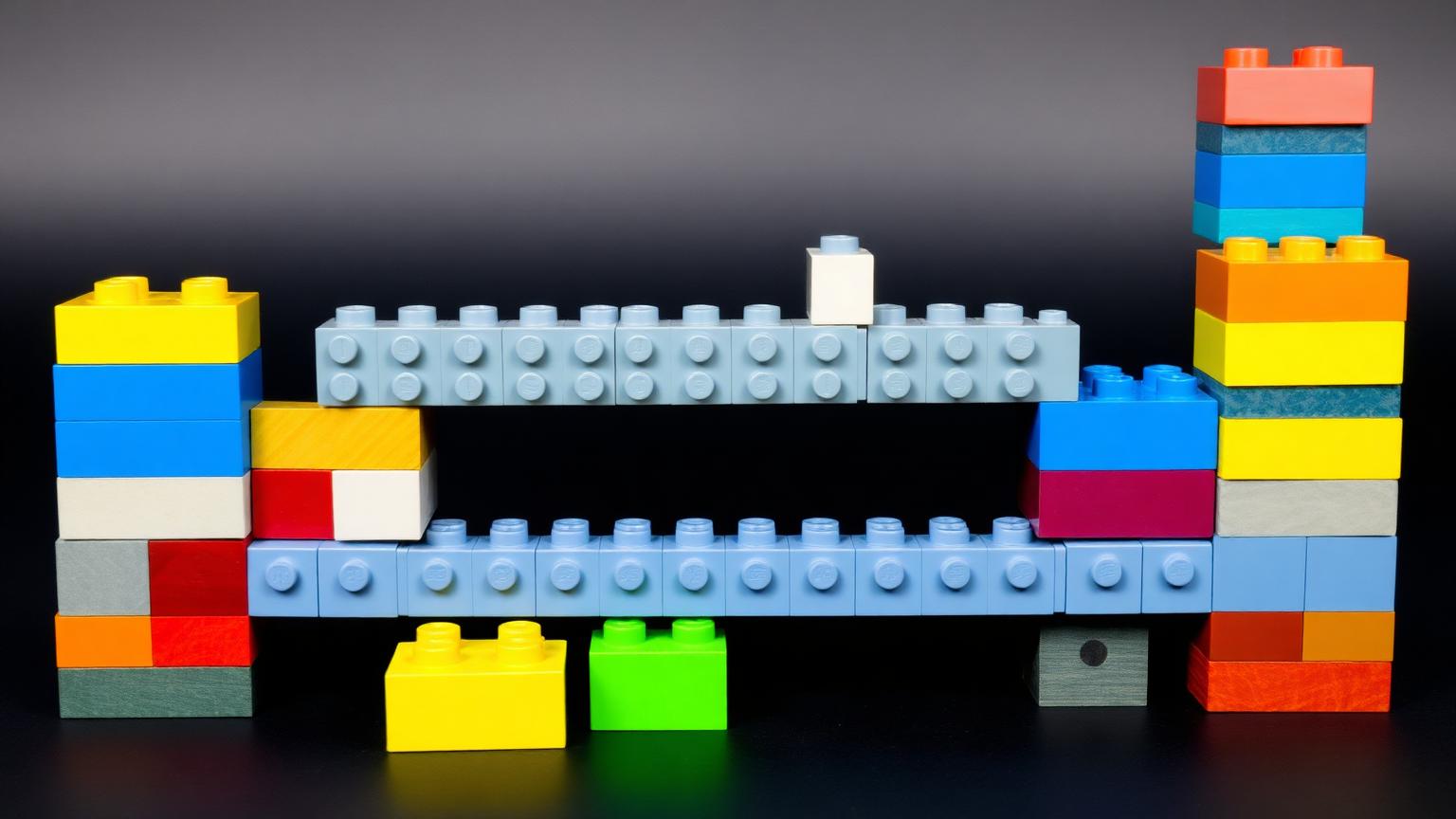 Bridge plate spanning chunky large toddler blocks with smaller standard building bricks stacked above it