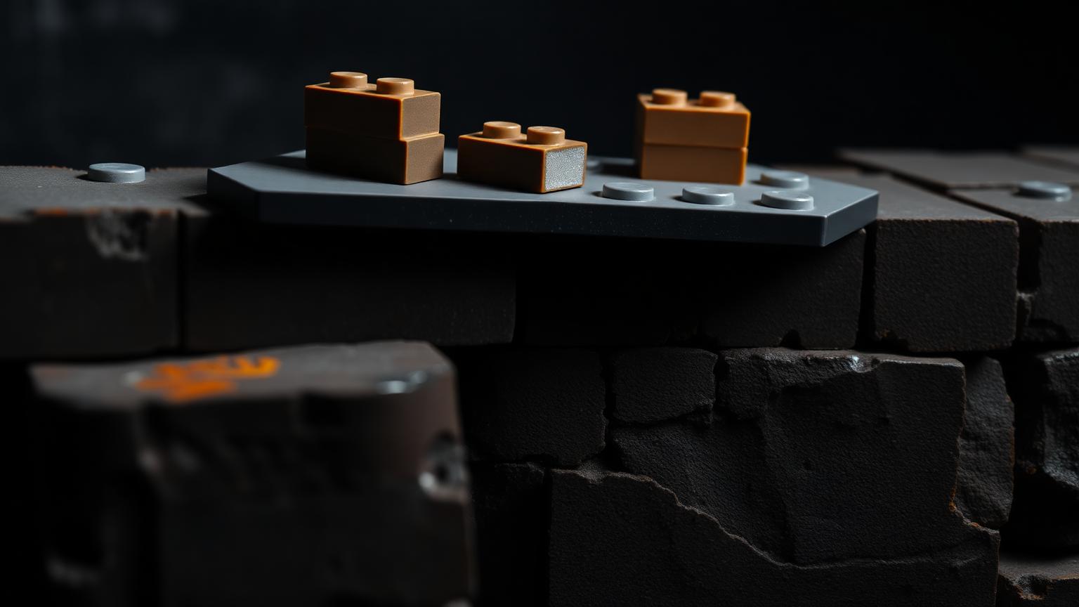 Flat grey bridging plate spanning large chunky blocks with small standard bricks on top, showing a clean scale transition seam