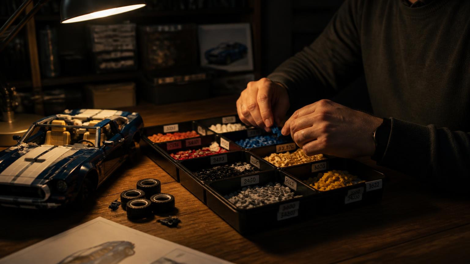 Adult hobbyist sorting colorful compatible bricks into labeled trays beside a partly finished brick sports car under a warm desk lamp