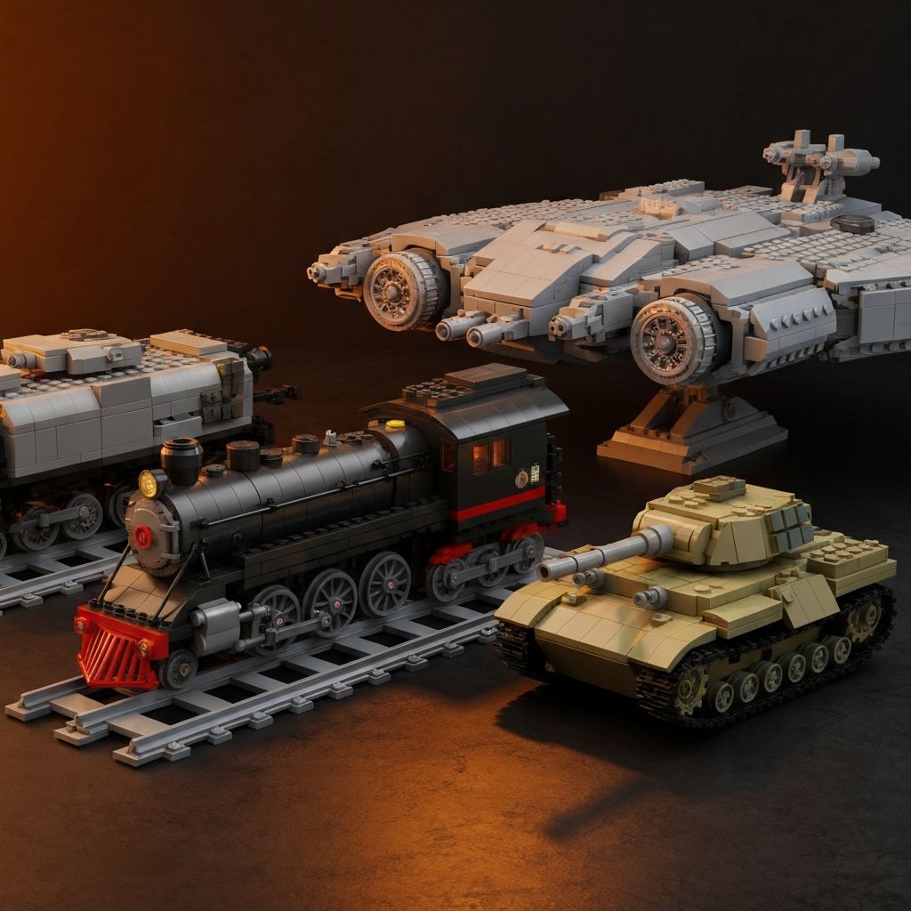 Premium alternative building block collection featuring a motorized steam train, a sci-fi starship, and a WWII German tank displayed on a dark studio surface