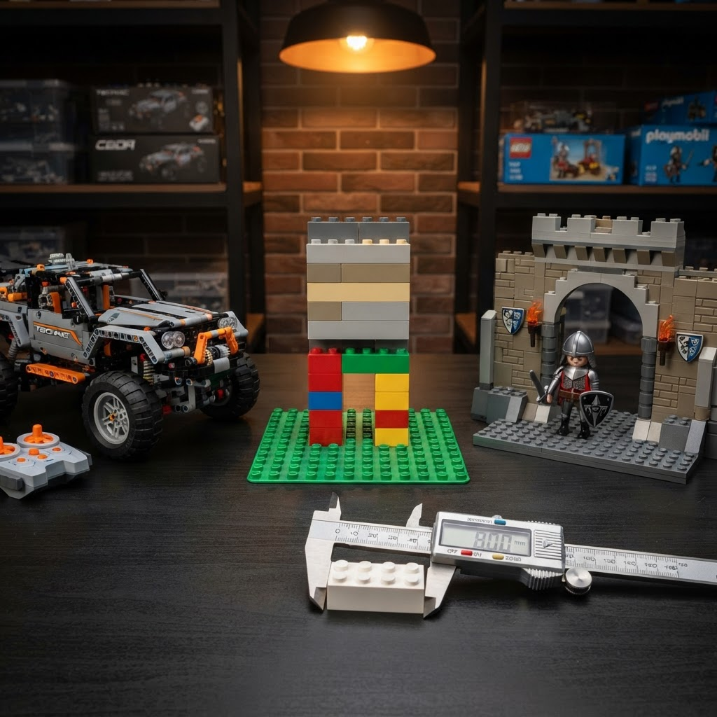 Cada Technic vehicle, DUPLO one-way stacking demo, and Playmobil figure staged inside a LEGO archway scene — multi-brand brick compatibility display
