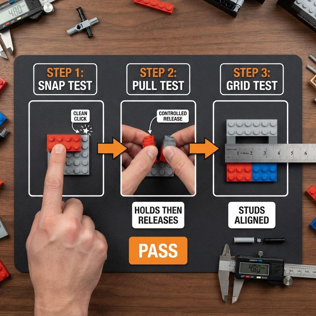Three-step 30-second brick compatibility test workspace: Step 1 Snap Test, Step 2 Pull Test, Step 3 Grid Test — each showing Pass result in orange with digital caliper and Cada Technic pin comparison