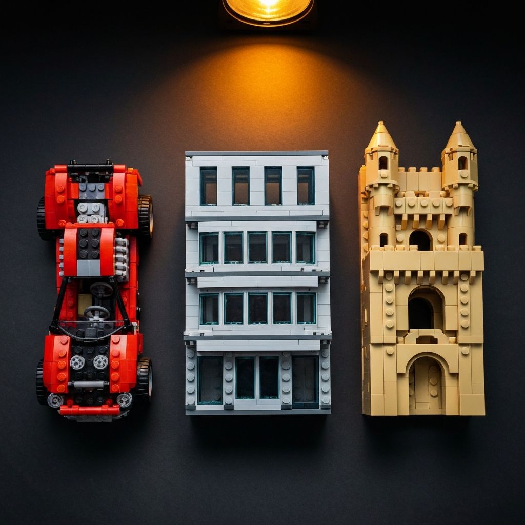 Three LEGO-compatible building block models on display — technical supercar, city architecture set, and tan landmark build representing CaDA and Wange brick compatibility