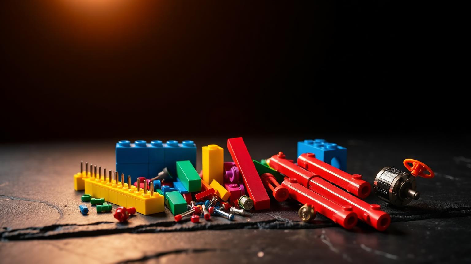 Cada-style Technic beams, pins, axles and colorful ABS LEGO-compatible bricks with a motor hub on a dark slate surface