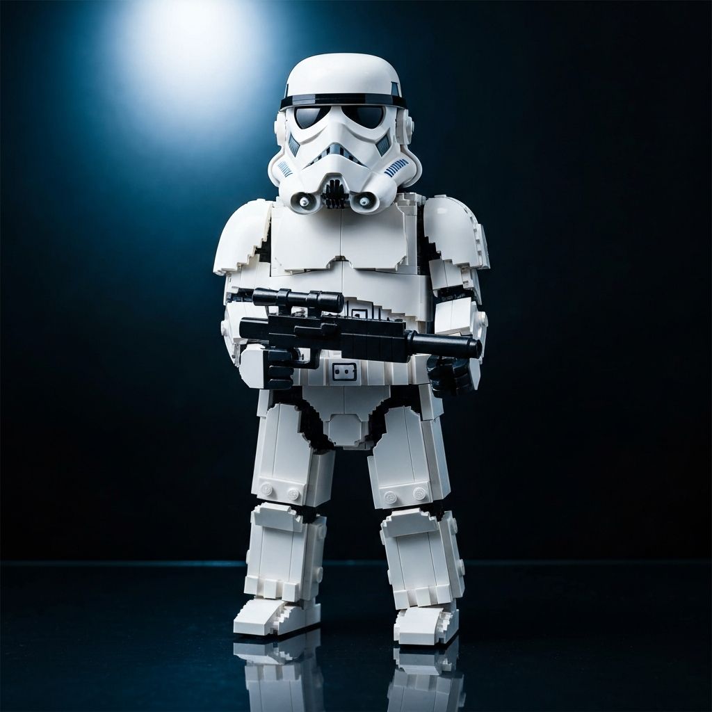 Cada Stormtrooper premium LEGO-compatible building block figure in iconic white armor on a dark display surface