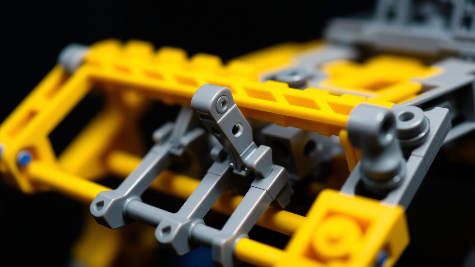 Macro close-up of grey Technic pins, axles and liftarms interlocking with yellow beams on a dark background