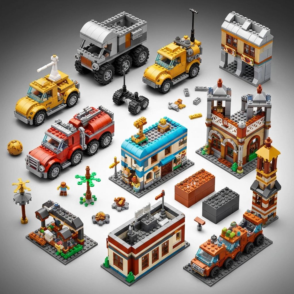 Premium alternative building block sets flat lay showing ABS bricks from multiple top brands with significant price savings for US collectors