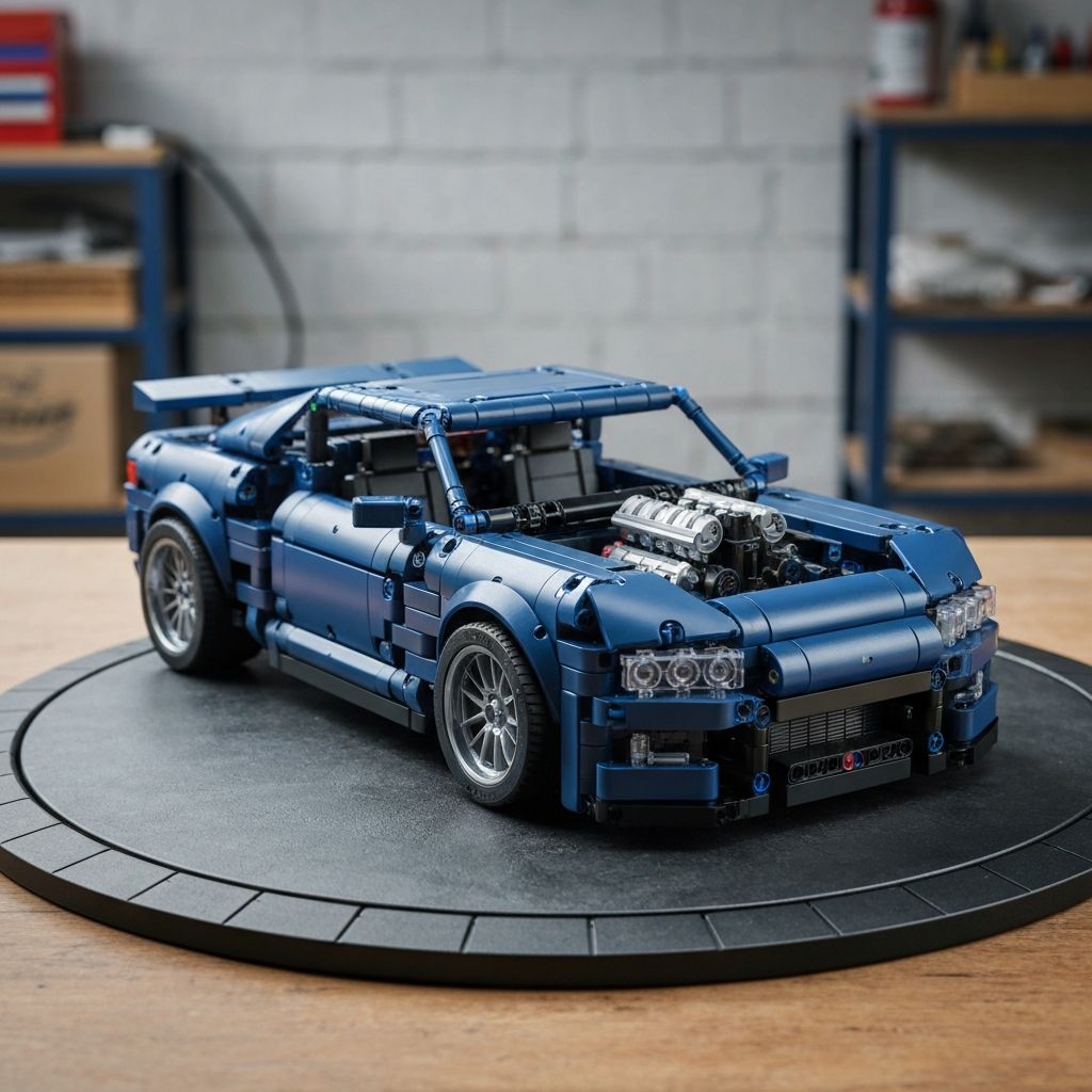 Premium 1:8 scale alternative Technic supercar building block model with visible gearbox and suspension displayed on a dark studio surface