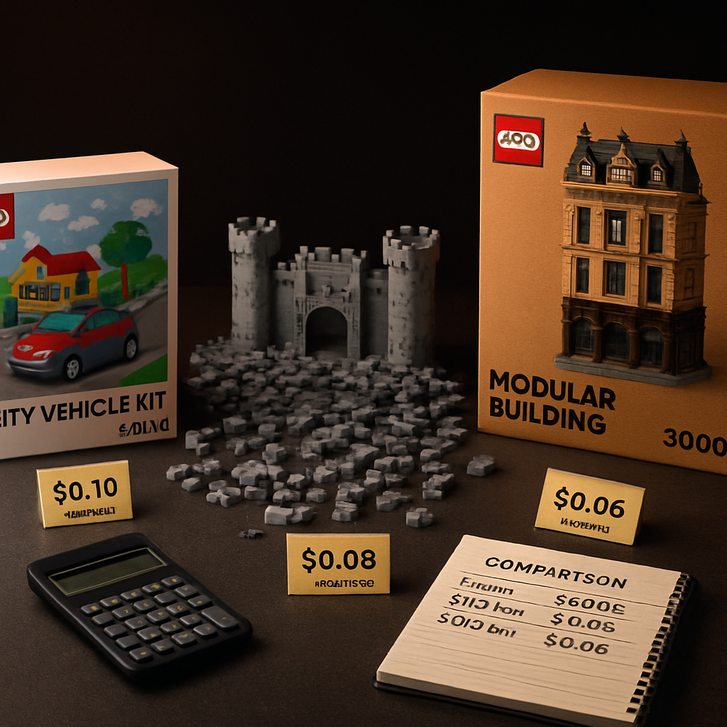 Three affordable brick sets arranged side by side with price-per-piece calculations, a calculator and comparison notepad in the foreground