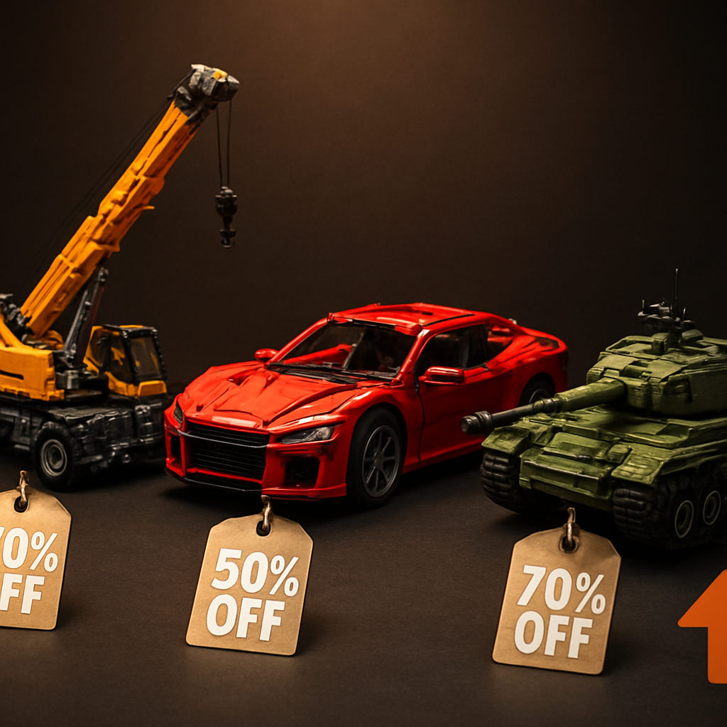 Three quality cheaper LEGO alternative models — Mould King motorized crane, CaDA sports car, and Cobi military tank — each showing 40–70% savings vs retail LEGO pricing