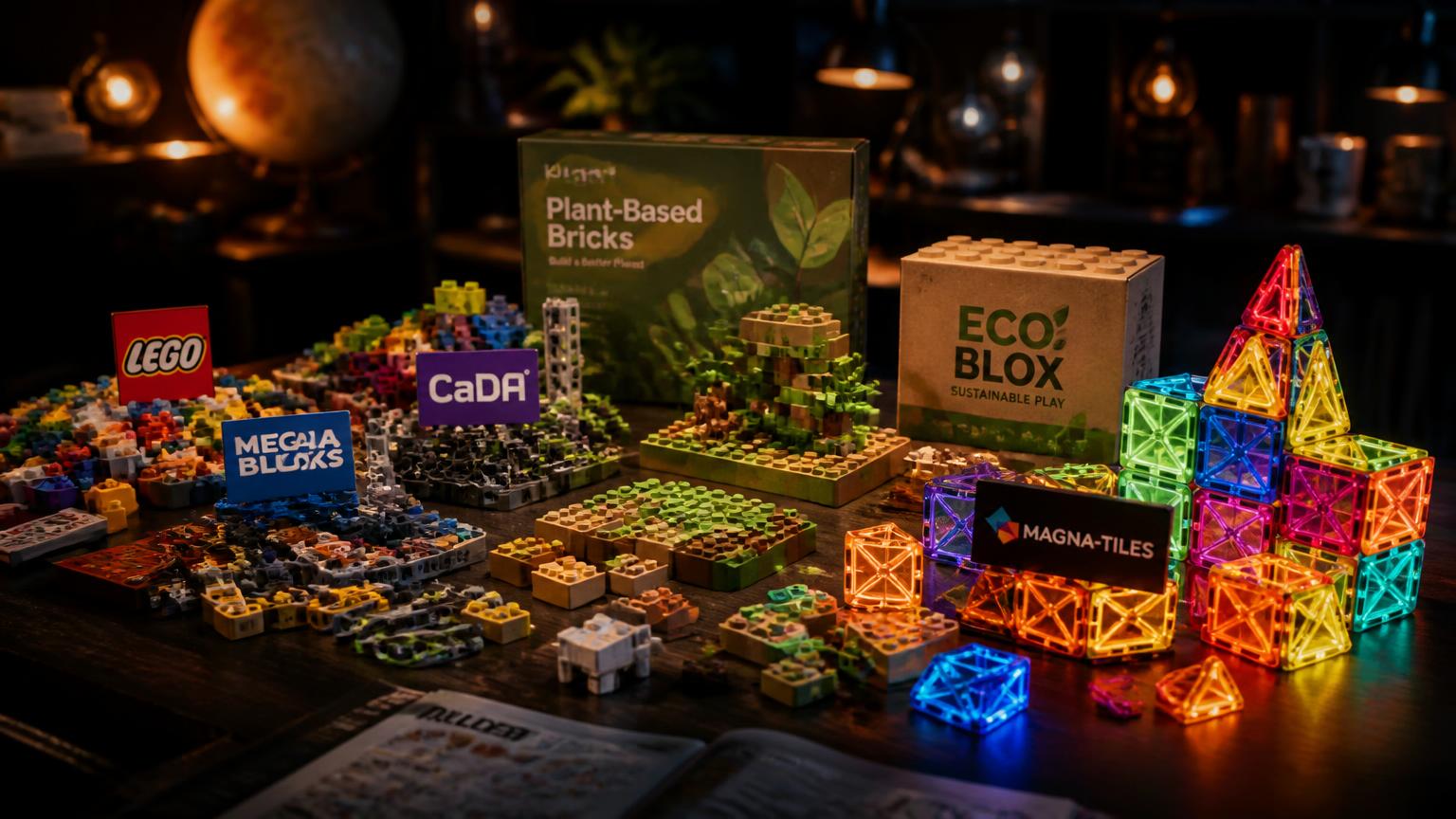 Builder's desk displaying LEGO-compatible bricks from several brands alongside glowing translucent magnetic tiles and plant-based eco building blocks