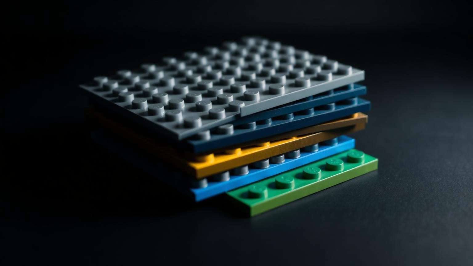 Stack of grey, blue, green and yellow LEGO compatible base plates showing different thickness and flatness options
