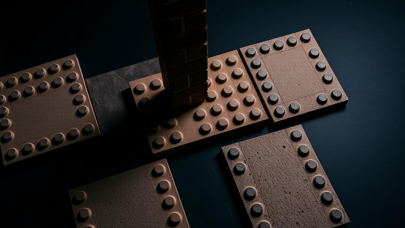 Overhead view of thin, thick and textured building brick base plates laid side by side with one supporting a tall brick tower
