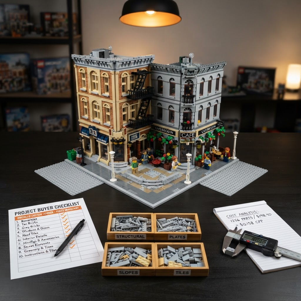 Mixed-brand custom modular street corner build with sorted parts trays, buyer checklist, and digital caliper confirming 8mm stud pitch on a dark surface